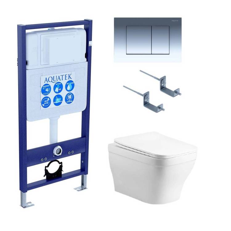 Унитаз с инсталляцией Aquatek Амадео cm-010 4в1 с кнопкой глянцевый хром