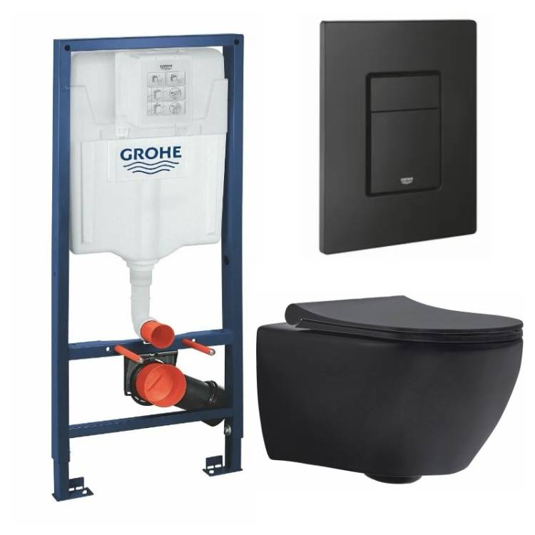Комплект Grohe GRH939303270 Инсталляция для унитаза Grohe Rapid SL + Унитаз подвесной beWash Bogen безободковый, с сиденьем микролифт, черный матовый