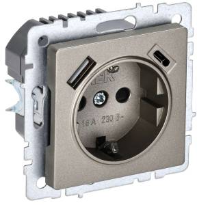 Розетка 1-местная с заземлением, шторками и USB Type A+С IEK Brite BR-R14-16-U22-018-K37 шампань