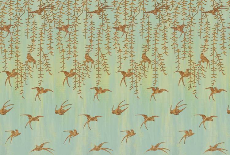 Фреска Ortograf Flora 31160 Japanese Birds smaragdine Кракелюр Золото FK-G