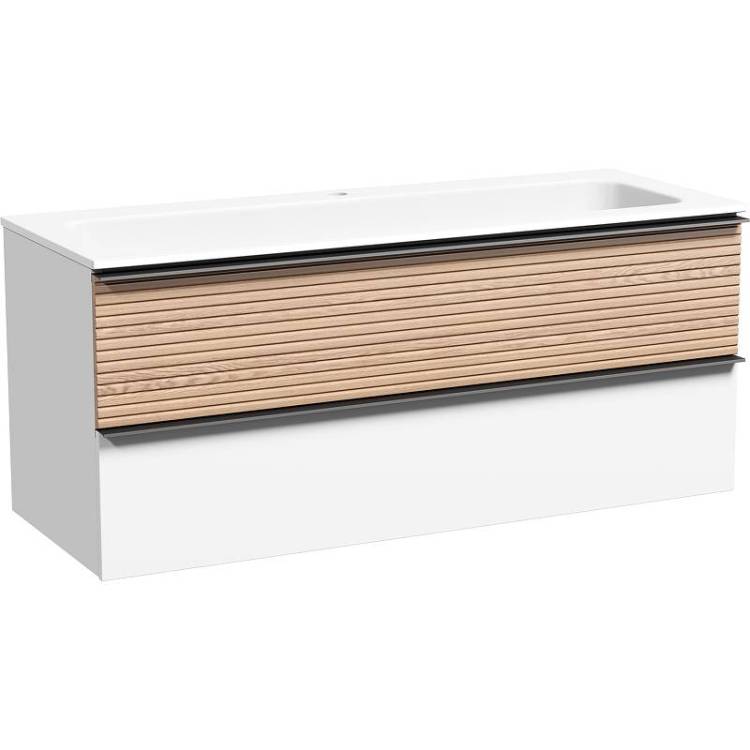 Тумба под раковину Sancos Delta DL120W 1195х445х500, c двумя ящиками Soft close, ручки чёрные, дуб светлый/белый