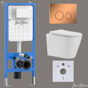 Комплект Iberica Blanca Burgos Alto IB001.BRA.234.8171 унитаз безободковый, белый, сиденье микролифт, клавиша смыва розовое золото глянцевое