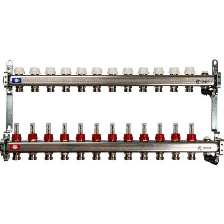 Коллектор Stout из нержавеющей стали с расходомерами, с клапаном вып. воздуха и сливом 1/3/4x12, SMS-0927-000012