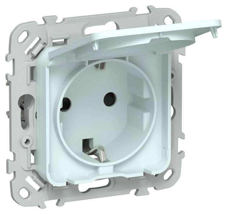 Розетка 1-местная с заземлением, шторками и крышкой IEK Flite FI-R16-16-1-44-K94 холодный лед