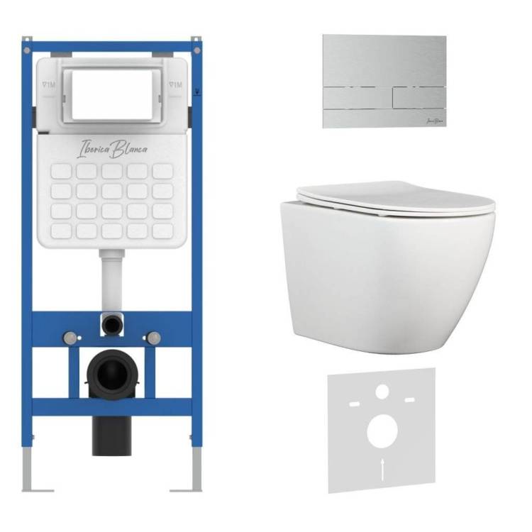 Комплект Iberica Blanca Bilbao Alto IB001.BLA.231.1601 унитаз безободковый, белый, сиденье микролифт, клавиша смыва хром матовый