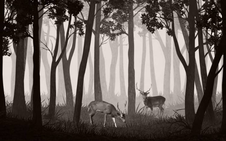 3D Фотообои Artegrafico «Олени в тёмном лесу на бежевом» VG-017 песок