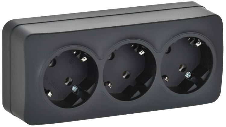 Розетка 3-местная с заземлением IEK Glory ERH31-K02M-16 черный матовый