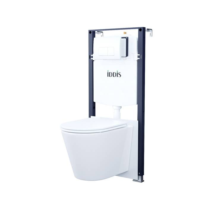 Унитаз с инсталляцией Iddis Basic BASC030i73 безободковый, сиденье микролифт, белый глянцевый, клавиша смыва белая