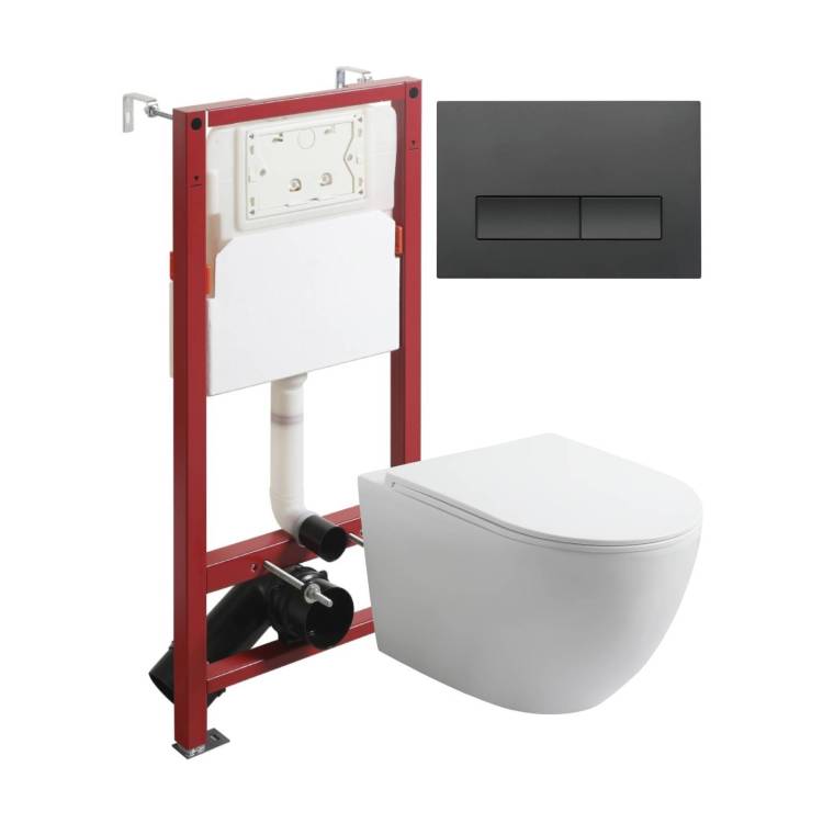 Унитаз с инсталляцией Agger ATI07150+APB244 безободковый, с крышкой-сиденьем микролифт, с кнопкой, кнопка черная