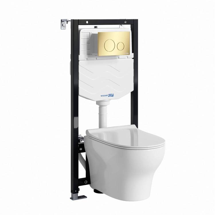 Унитаз с инсталляцией Wasserkraft Аллер (Aller) 10TLT.010.ME.PG02.H001 безободковый, сиденье микролифт, кнока золото глянцевое
