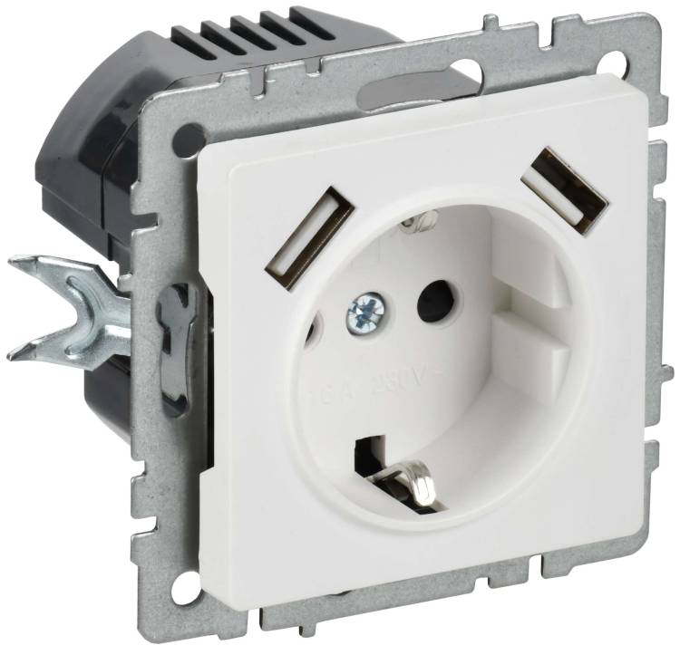 Розетка 1-местная с заземлением, шторками и USB Type A+A IEK Brite BR-R14-16-U21-D21-K91 арктический белый