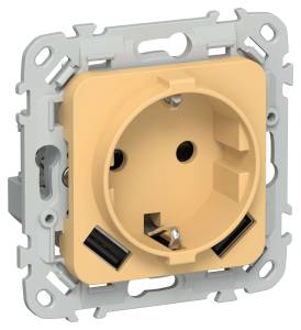 Розетка 1-местная с заземлением, шторками и USB Type A+A IEK Flite FI-R14-16-1-U21-D31-K90 золотарник