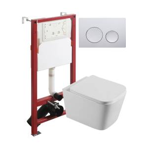 Унитаз с инсталляцией Agger ATI04100+APB100 безободковый, с крышкой-сиденьем микролифт, с кнопкой, кнопка хром