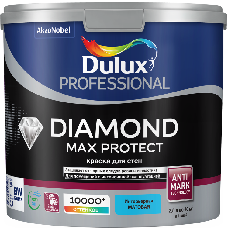 Краска для стен и потолков водно-дисперсионная Dulux Diamond Max Protect матовая база BC 2.25 л