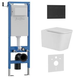 Унитаз с инсталляцией Iberica Blanca Toledo Alto IB.001M.TLA.234.1504 безободковый, с крышкой-сиденьем микролифт, с черной матовой кнопкой