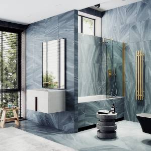 Шторка на ванну MaybahGlass MGV-598-3 поворотная, на монопетле, стекло прозрачное, профиль золото, 1400x600