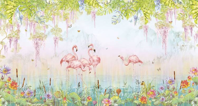 Бесшовные Eco обои Ortograf Flora 31253 Flamingos lime Гладь ОЕ-Р2