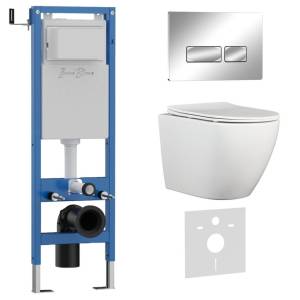 Унитаз с инсталляцией Iberica Blanca Bilbao Alto IB.001M.BLA.234.213 безободковый, с крышкой-сиденьем микролифт, с кнопкой глянцевый хром