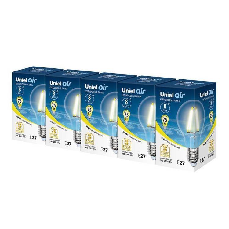 Набор светодиодных ламп филаментная Uniel Air A LED-A60-8W/WW/E27/CL GLA01TR Набор из 5штук