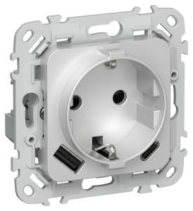 Розетка 1-местная с заземлением, шторками и USB Type A+С IEK Flite FI-R14-16-U22-020-K47 алюминий