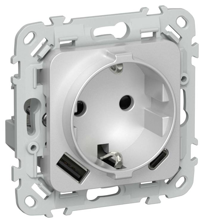 Розетка 1-местная с заземлением, шторками и USB Type A+С IEK Flite FI-R14-16-U22-020-K47 алюминий