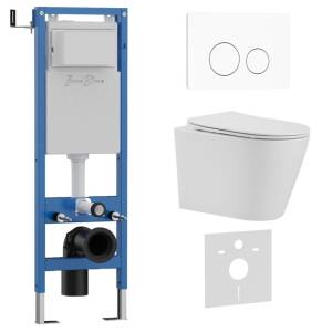 Унитаз с инсталляцией Iberica Blanca Burgos Alto IB.001M.BRA.231.811 безободковый, с крышкой-сиденьем микролифт, с белой матовой кнопкой