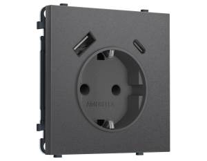 Комплект механизма электрической розетки 2USB A+C 20W с заземлением со шторками Ambrella Volt Sigma MS660010 антрацит серый