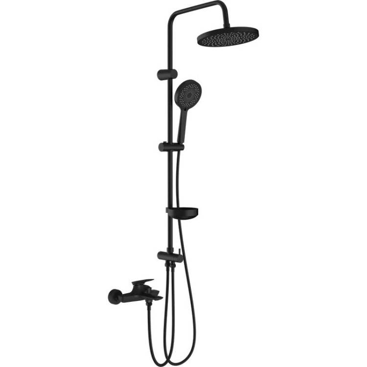 Душевая стойка BOND Куб B03-9588 черная матовая, со смесителем, с изливом, с тропическим душем