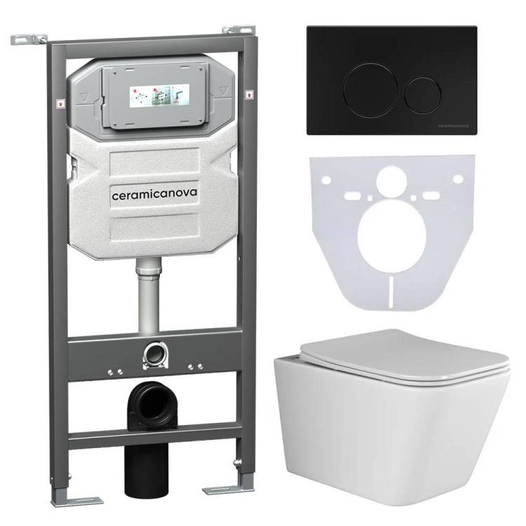 Комплект Унитаз подвесной Ceramica Nova Metric CN3007 + Система инсталляции Envision CN1001B с черной матовой кнопкой смыва и шумоизоляционной панелью CN1000
