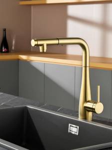 Смеситель для кухни AQUAme Cucina AQM9902BG с выдвижным изливом, золото шлифованное