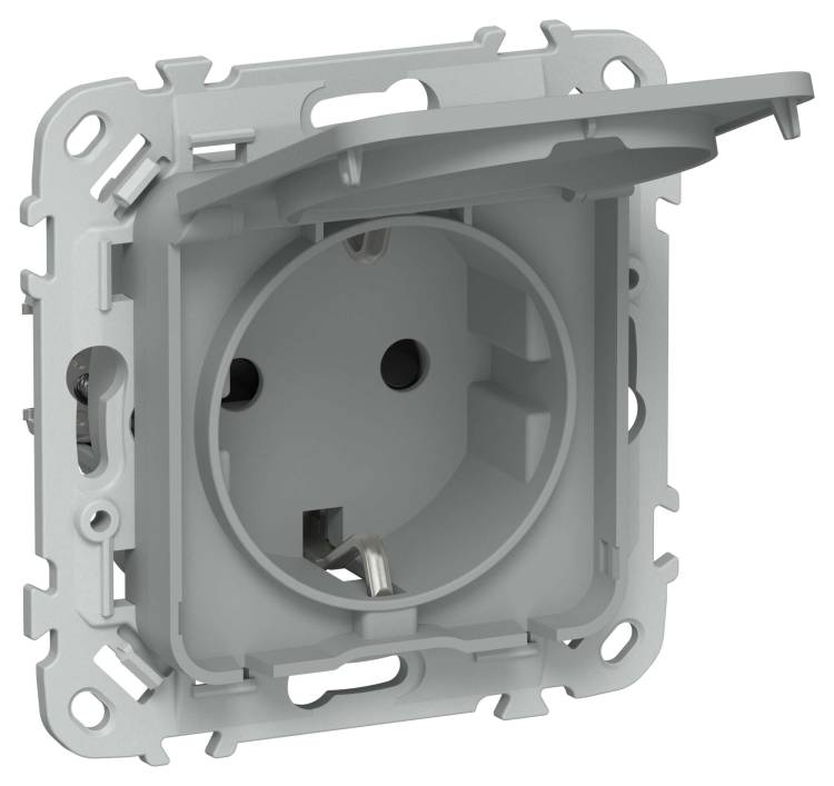 Розетка 1-местная с заземлением, шторками и крышкой IEK Flite FI-R16-16-44-K03 серый