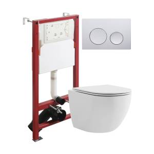 Унитаз с инсталляцией Agger ATI03100+APB100 безободковый, с крышкой-сиденьем микролифт, с кнопкой, кнопка хром