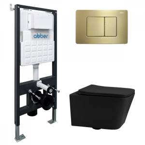 Комплект Abber Rechteck AC1201MB-AC0105-AC0120MMG унитаз подвесной, безободковый, сиденье микролифт, черный матовый, кнопка золото матовое