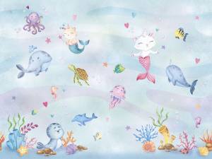 Бесшовные Eco обои Ortograf Little friends 34388 Кошки подводные феи Холст ОЕ-Х