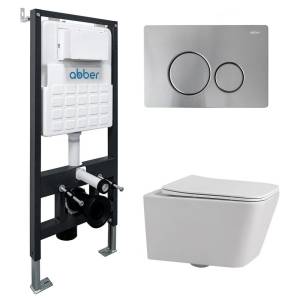 Комплект Abber Rechteck AC1201-AC0105-AC0121MCH унитаз подвесной, безободковый, сиденье микролифт, белый, кнопка хром матовый