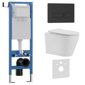 Унитаз с инсталляцией Iberica Blanca Burgos Alto IB.001M.BRA.234.212 безободковый, с крышкой-сиденьем микролифт, с черной матовой кнопкой