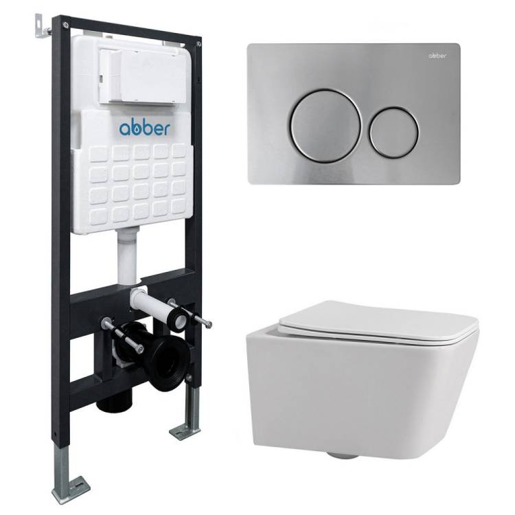 Комплект Abber Rechteck AC1201-AC0105-AC0121MCH унитаз подвесной, безободковый, сиденье микролифт, белый, кнопка хром матовый