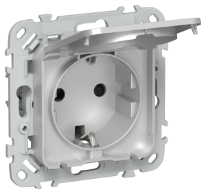 Розетка 1-местная с заземлением, шторками и крышкой IEK Flite FI-R16-16-44-K47 алюминий