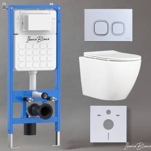 Унитаз с инсталляцией Iberica Blanca Bilbao Alto IB001.BLA.231.834 безободковый, с крышкой-сиденьем микролифт, с кнопкой матовый хром