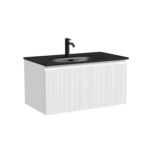 Тумба с раковиной Sancos Code подвесная, 80x46x42, c одним ящиком оснащенным доводчиками, Белая, раковина черная