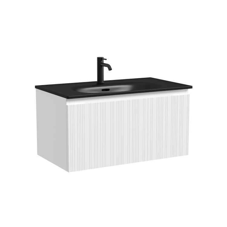 Тумба с раковиной Sancos Code подвесная, 80x46x42, c одним ящиком оснащенным доводчиками, Белая, раковина черная