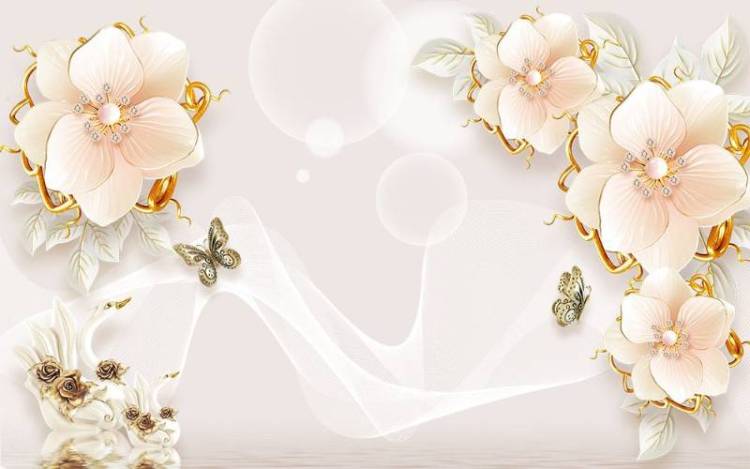 3D Фотообои Artegrafico «Цветочная композиция с лебедями и бабочками» CF-007 песок