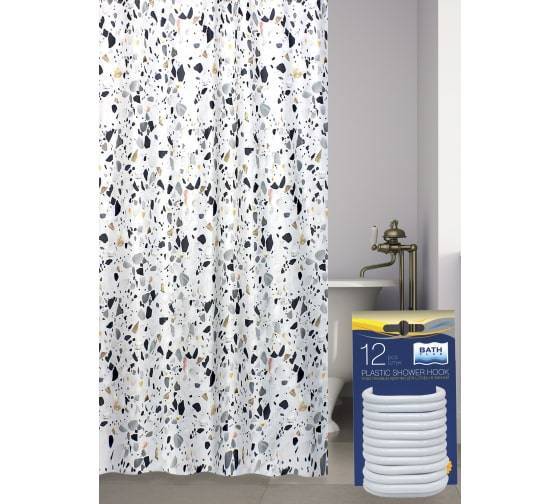 Штора для ванной Bath Plus Terrazzo akch-21264 с кольцами, 180x180, желтый, серый, белый