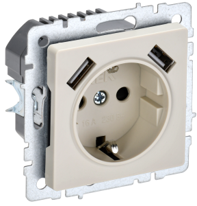 Розетка 1-местная с заземлением, шторками и USB Type A+A IEK Brite BR-R14-16-U21-D31-K10 бежевый