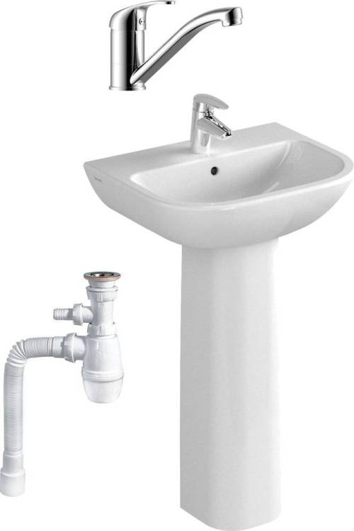 Комплект Раковина VitrA S20 5502B003 + Пьедестал VitrA S20 5529B003 + Смеситель Rossinka Y Y35-22 + Сифон для раковины Wirquin Минор с отводом для стиральной машины