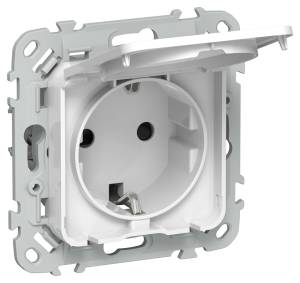Розетка 1-местная с заземлением, шторками и крышкой IEK Flite FI-R16-16-1-44-K01 белый