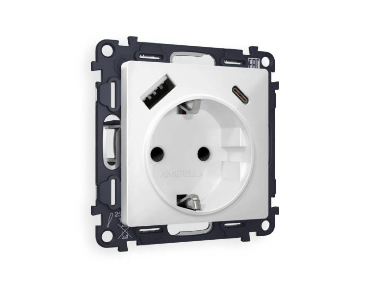 Комплект механизма электрической розетки 2USB A+C 20W (быстрая зарядка) с заземлением Ambrella Volt Alfa MA130010