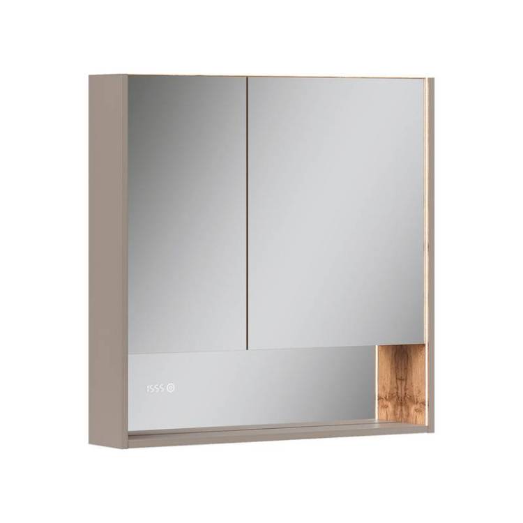 Зеркало-шкаф Equil Gleam szGLEAM.LED.80.2D-25 с подсветкой, розеткой и часами, амарок, дуб вотан, 80x80