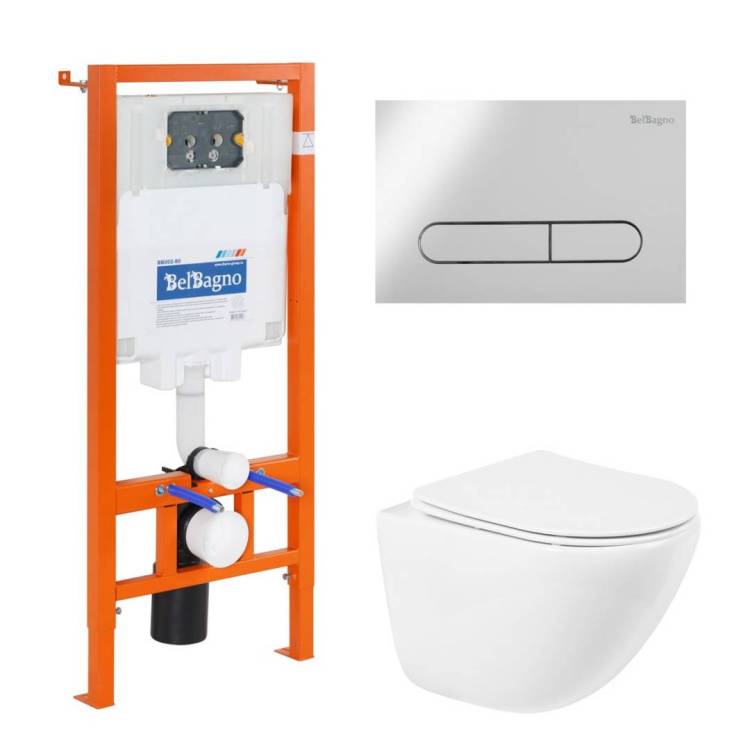 Комплект Унитаз подвесной BelBagno Amanda BB051CHR с сиденьем BB051SC + Система инсталляции для унитазов BelBagno BB002-80 с кнопкой смыва BB005-PR-CHROME