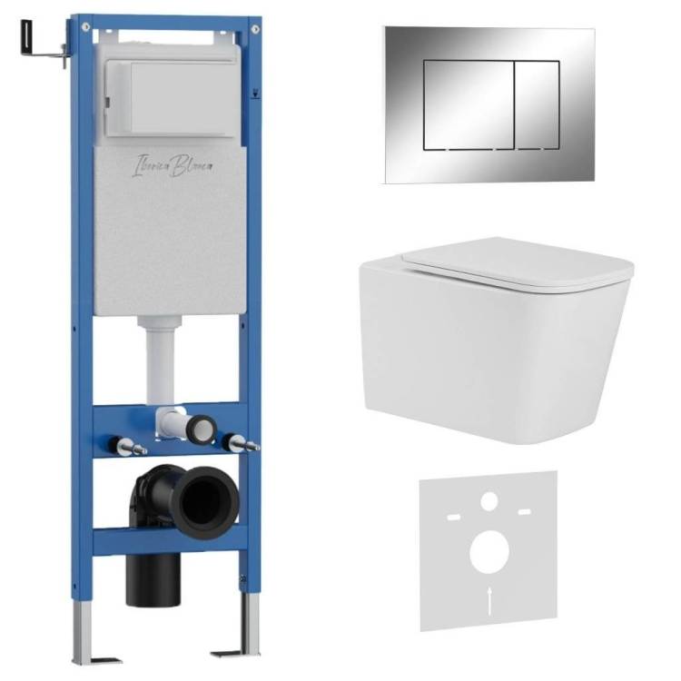 Комплект Iberica Blanca Toledo Alto IB.001M.TLA.231.852 унитаз безободковый, белый, сиденье микролифт, клавиша смыва хром глянцевый